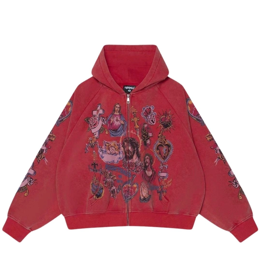 Righteous-Risen-King-Zip-Up-Hoodie-Red.webp Righteous Risen King Zip Up Hoodie Red - Image 1