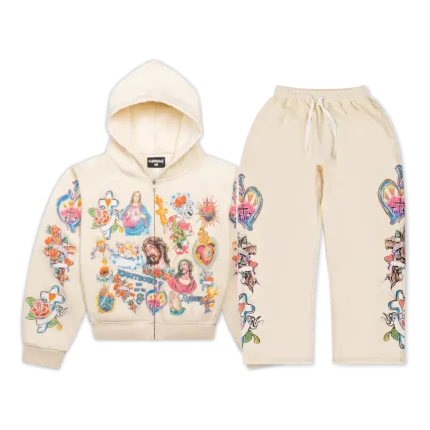 Risen King” Cropped Zip Tracksuit (Cream)