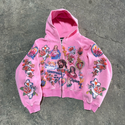 We Are Righteous The “Risen King” Cropped Zip Up Hoodie Pink